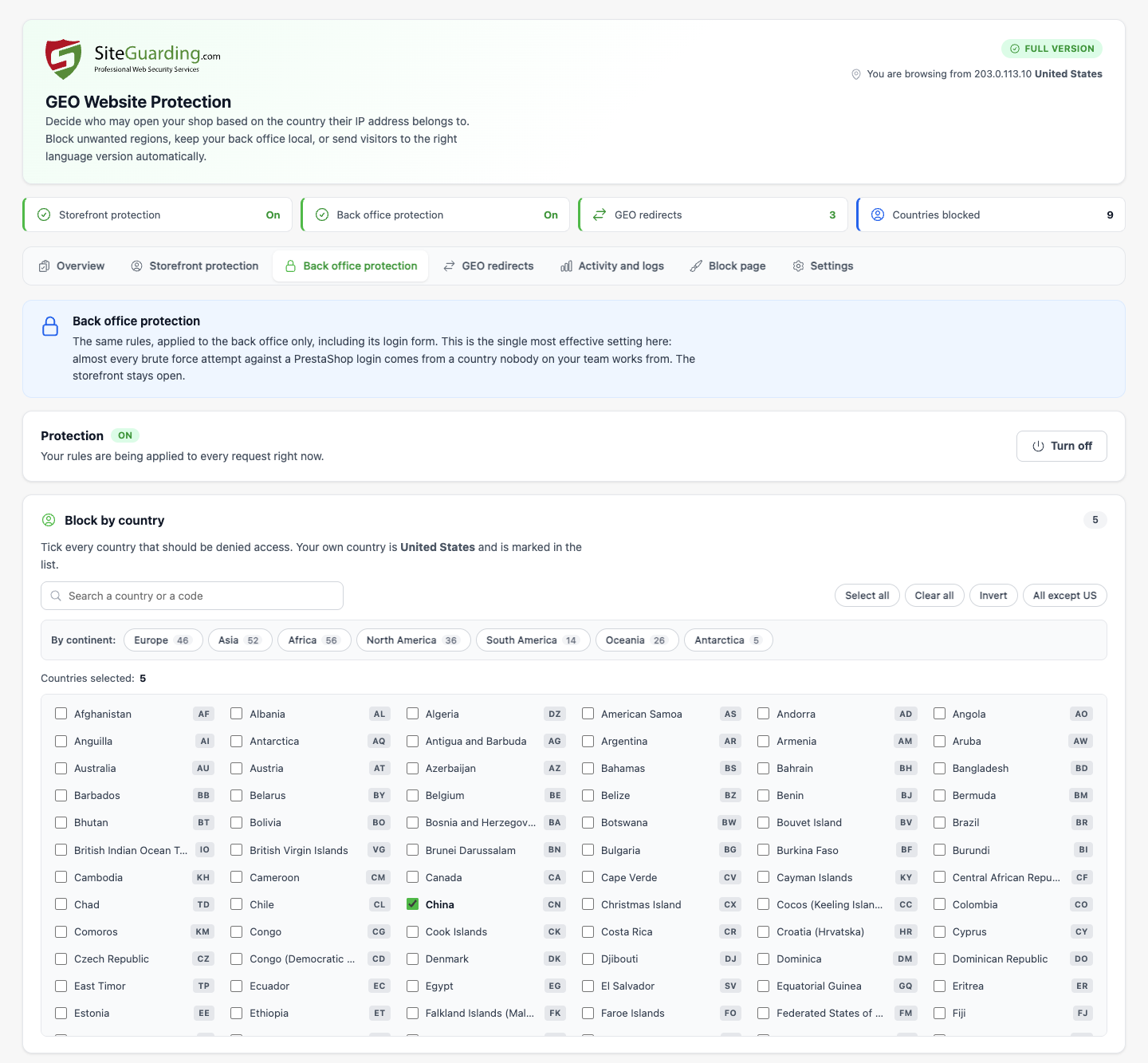 Back office protection: block countries from your PrestaShop back office and its login page