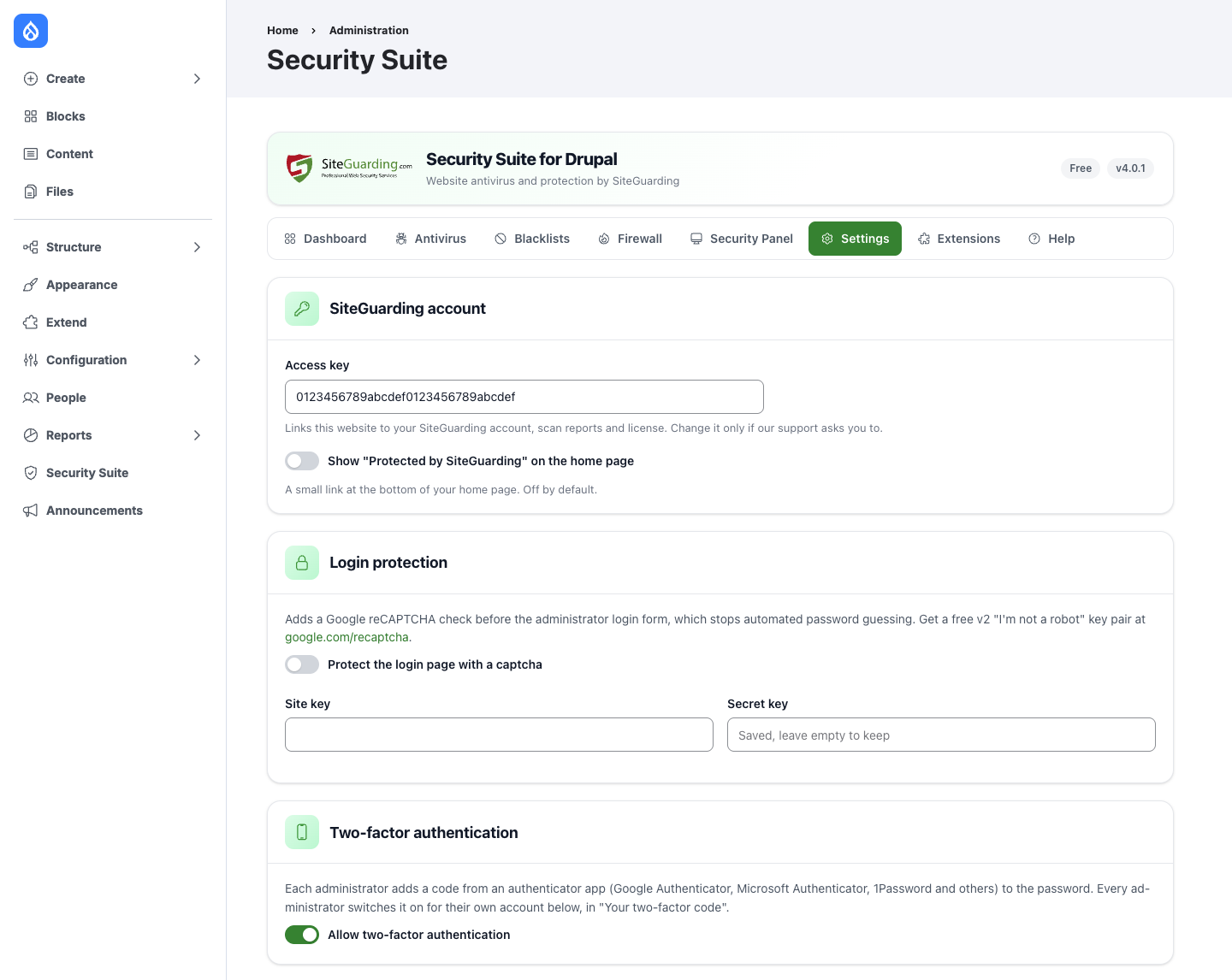 Settings: SiteGuarding account, login protection and two-factor authentication