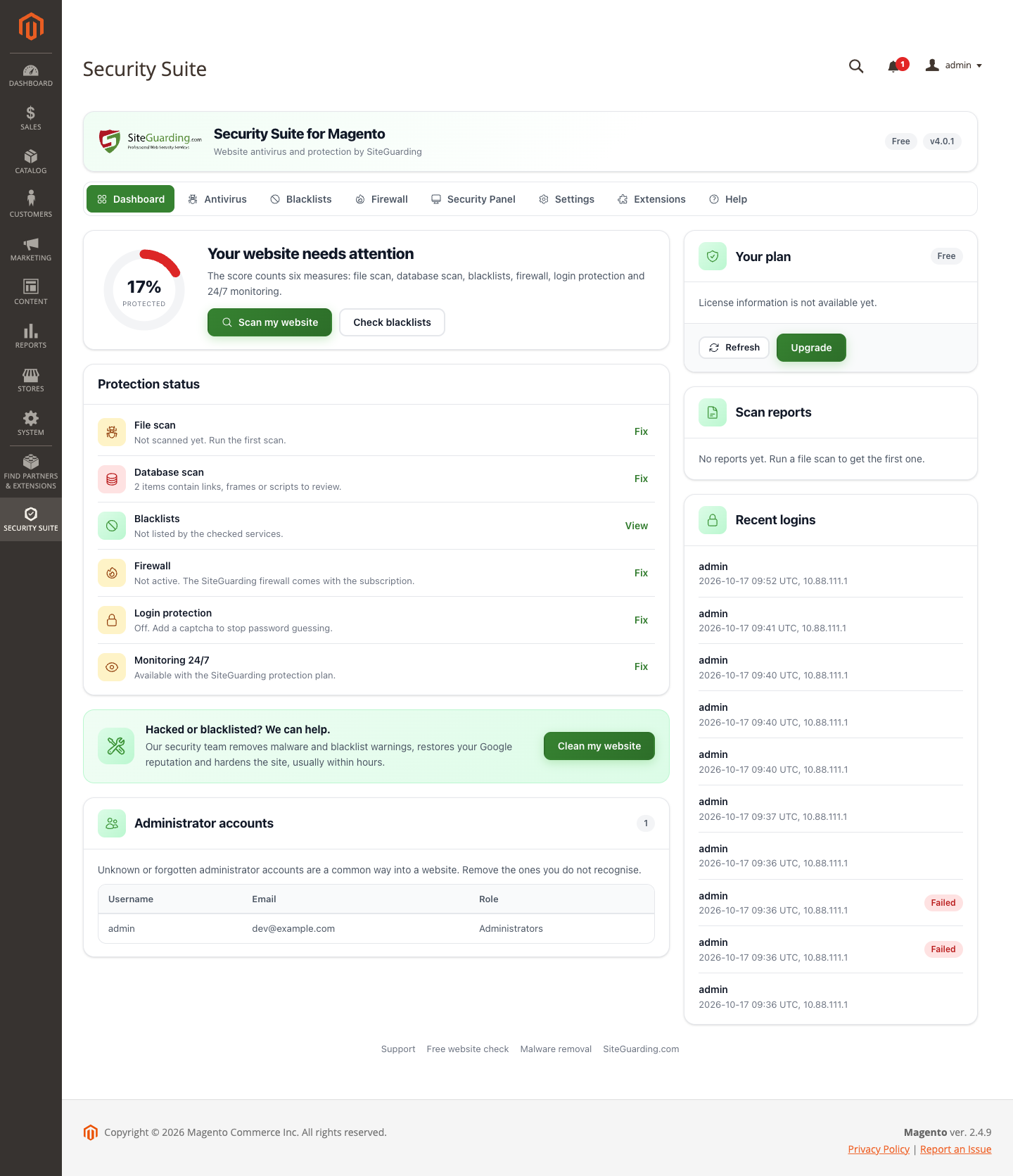 Dashboard: protection score, status of every measure, recent logins