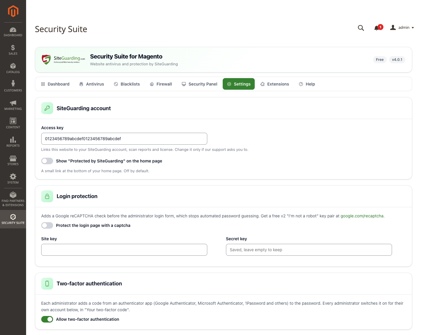 Settings: SiteGuarding account, login protection and two-factor authentication