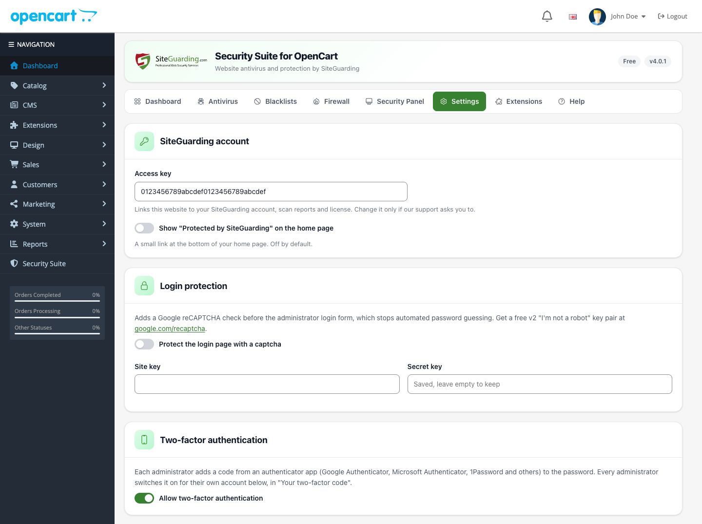 Settings: SiteGuarding account, login protection and two-factor authentication
