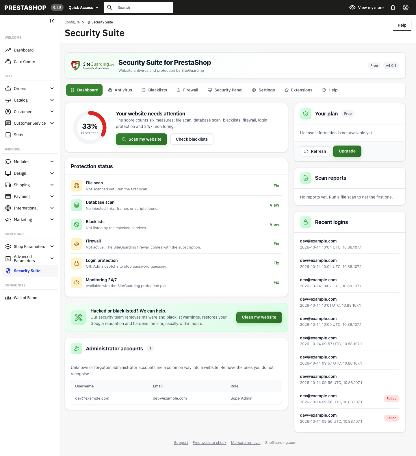 Dashboard: protection score, status of every measure, recent logins