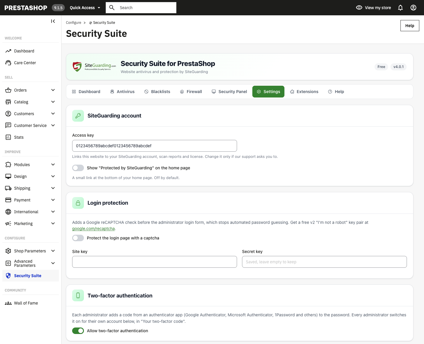 Settings: SiteGuarding account, login protection and two-factor authentication